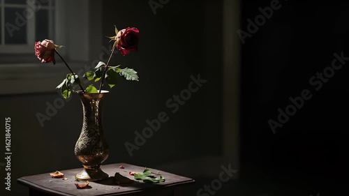 Wilting Red Roses in Golden Vase Subtle Animation on Wooden Table Moody Lighting Roses Symbolize Loss and Decay Glimmering Petals Scattered on Surface In Dark Room A Beautiful Floral Arrangement