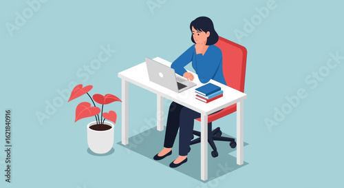 A dedicated young woman works productively on her laptop at a comfortable desk, illustrating the modern concept of remote work and digital connectivity.
