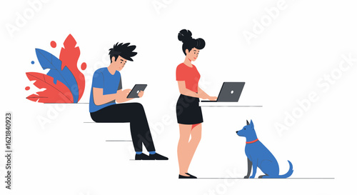 Modern individuals engage in remote work and digital communication, showcasing productivity and connectivity in a contemporary online environment.