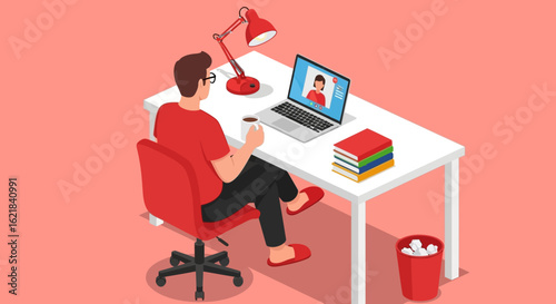 A detailed isometric illustration showcases a man working remotely from his cozy home setup, participating in an important online video conference.