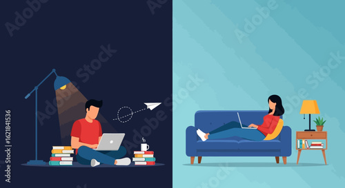 This illustration contrasts focused remote activity at a desk with a relaxed home sofa setup, highlighting modern job flexibility.