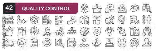 Set of line icons related to quality control, verification, validation. Outline icons collection. Editable stroke.