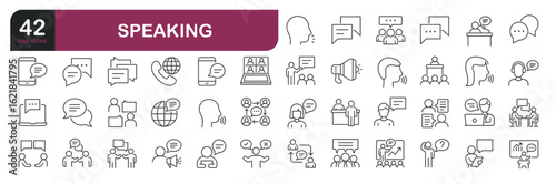 Set of line icons related to speaking, discussion, speech. Outline icons collection. Editable stroke.