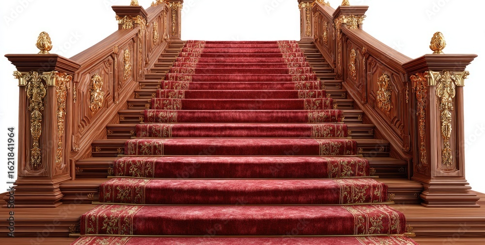 Obraz premium Grand, ornate wooden staircase with a rich red carpet
