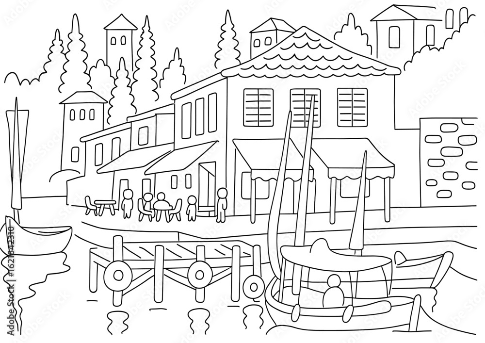 Obraz premium Coloring page of seaside town with boats and buildings vector art