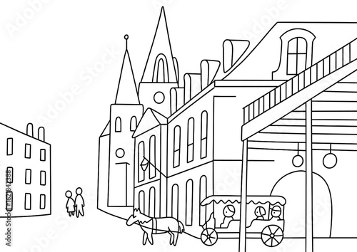 Cityscape line art drawing of new orleans with horse and carriage ride