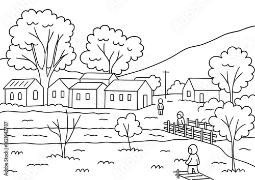 Village scene coloring page for kids printable free download simple