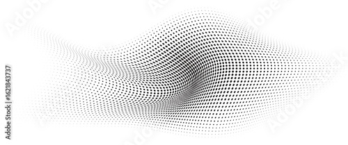 Flowing Wave Dot Halftone Pattern: Curve Gradient Shape on Transparent Background. Suitable for AI, Tech, Network, Digital, Science, and Technology Themes.