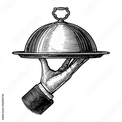 Hand holding silver cloche serving tray in vintage engraving style