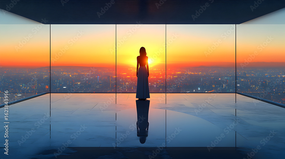 Woman in long dress silhouetted against a cityscape sunset, viewed from a glass-walled room. Woman in long dress silhouetted against a cityscape sunset, viewed from a glass-walled room.