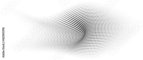 Flowing Wave Dot Halftone Pattern: Curve Gradient Shape on Transparent Background. Suitable for AI, Tech, Network, Digital, Science, and Technology Themes.