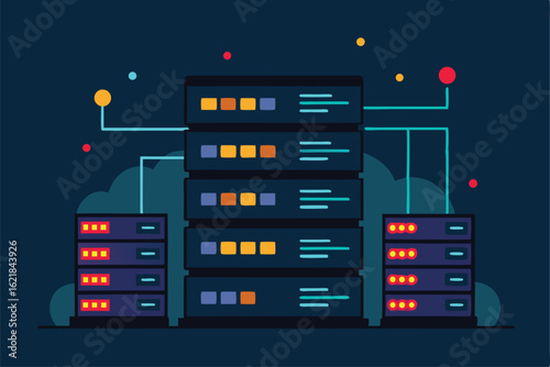 server racks with glowing lights and data transfer.eps
