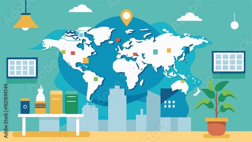 A world map mural covering one wall highlighting the universitys partnerships and global reach.