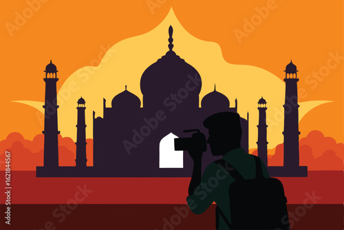 tourist photographing the taj mahal at sunrise  .eps
