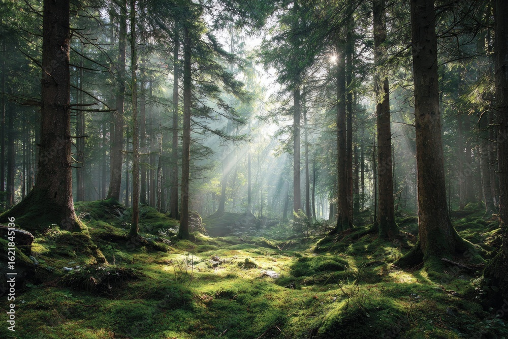 Fototapeta premium Sunlight streams through a dense forest, illuminating a mossy floor