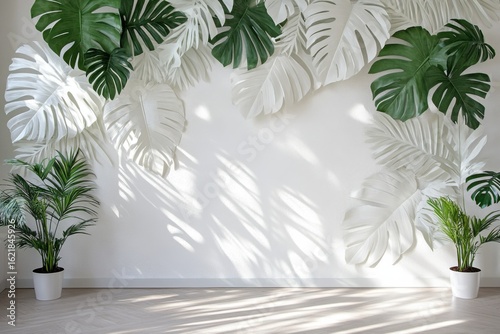 White and green tropical leaves adorn a bright, sunlit room.