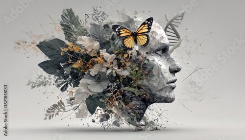 Abstract face with floral and butterfly details