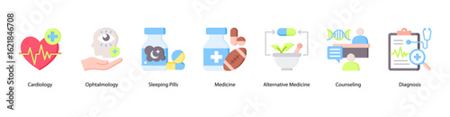 Health Insight web banner icon vector illustration featuring Cardiology, Ophtalmology, Sleeping Pills, Medicine, Alternative Medicine, Counseling, and Diagnosis.