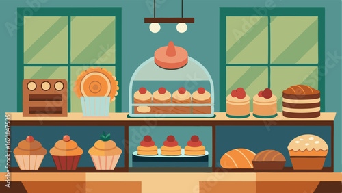 A selection of baked goods and desserts behind a glass counter