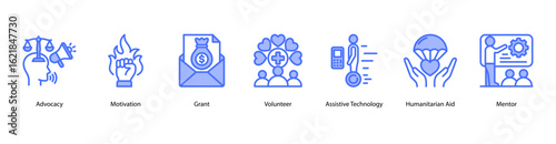Uplift Others web banner icon vector illustration featuring Advocacy, Motivation, Grant, Volunteer, Assistive Technology, Humanitarian Aid, and Mentor.