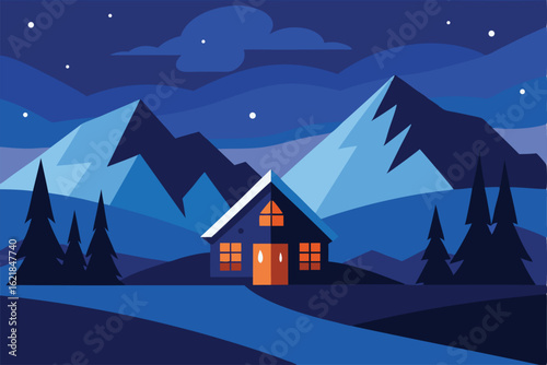 cozy cabin in snowy mountain valley at twilight   (1).eps