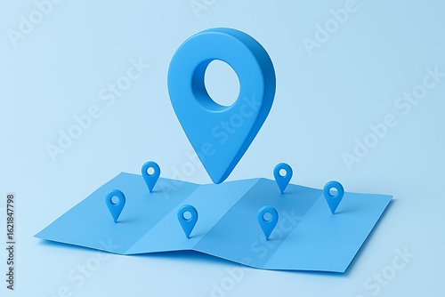Blue 3d map pins and location marker on a light blue background