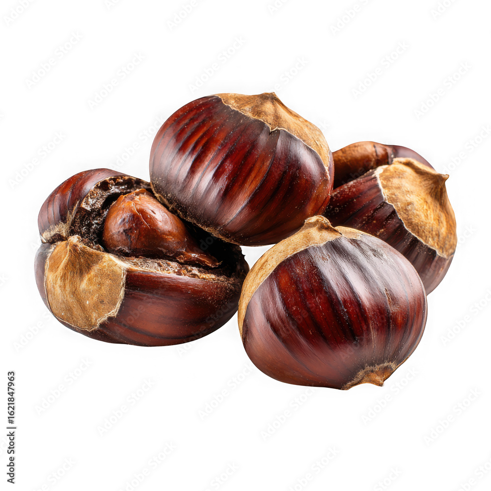 Obraz premium A pile of ripe brown chestnuts with split shells isolated on transparent background