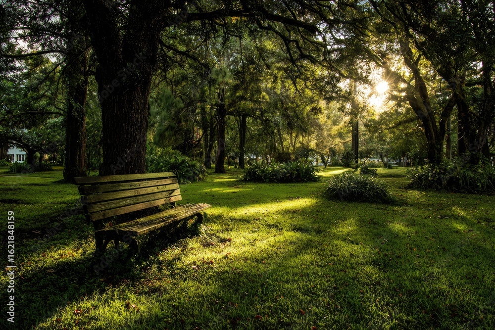 Sunlight streams through a tranquil park. A weathered wooden bench sits alone in a grassy clearing beneath the shade of tall trees Sunlight streams through a tranquil park. A weathered wooden bench sits alone in a grassy clearing beneath the shade of tall trees