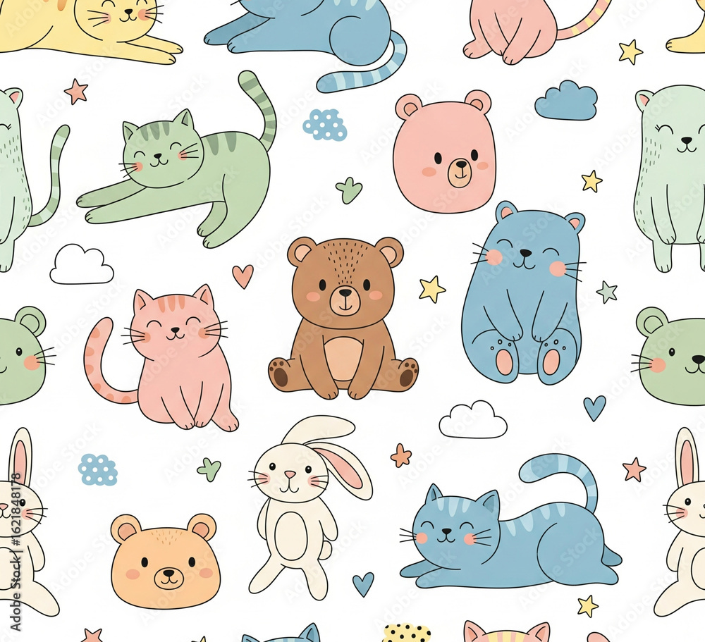 Obraz premium Cute Animal Doodles Seamless Pattern for Kids
