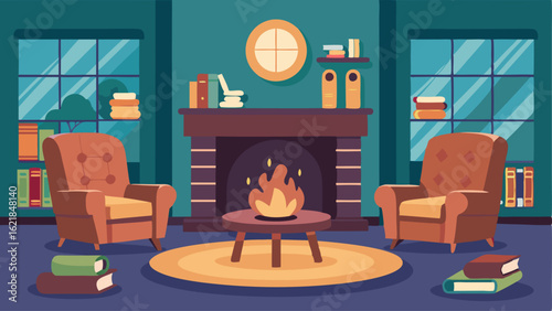 A reading room complete with a fireplace leather armchairs and a cozy rug for visitors to curl up with a book.