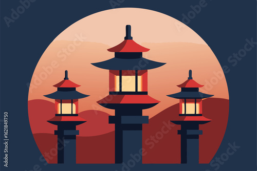 traditional lanterns arranged in a circular patter.eps