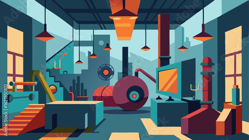 A room filled with abstract installations made from industrial materials.
