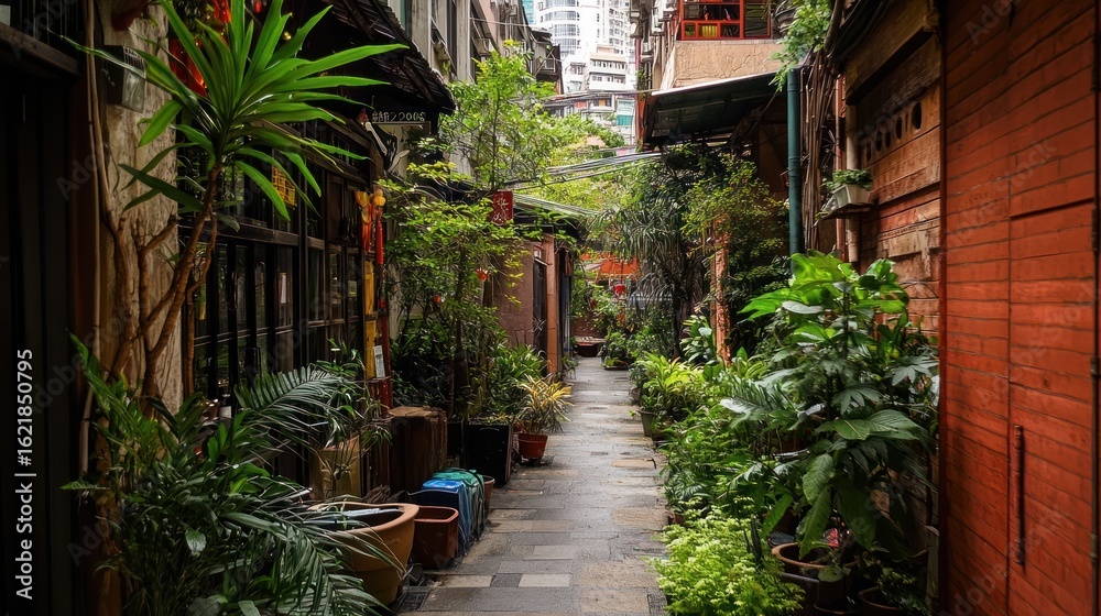 Naklejka premium Lush alleyway in a dense urban neighborhood, plants line the path