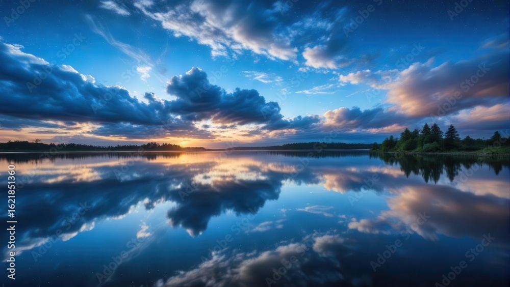 Fototapeta premium beautiful landscape view of half cloudy circle on reflecting on water at night