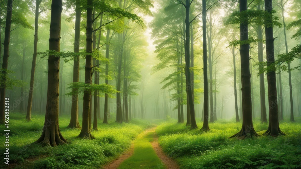 Fototapeta premium A lush green forest with tall trees and a misty atmosphere