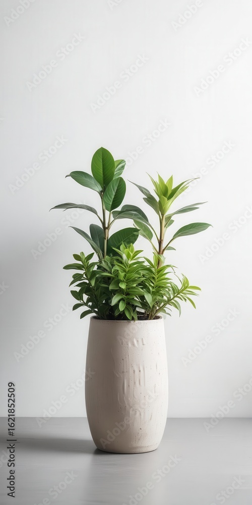 Obraz premium Beautiful indoor plants arranged in a decorative vase on a minimalist white background