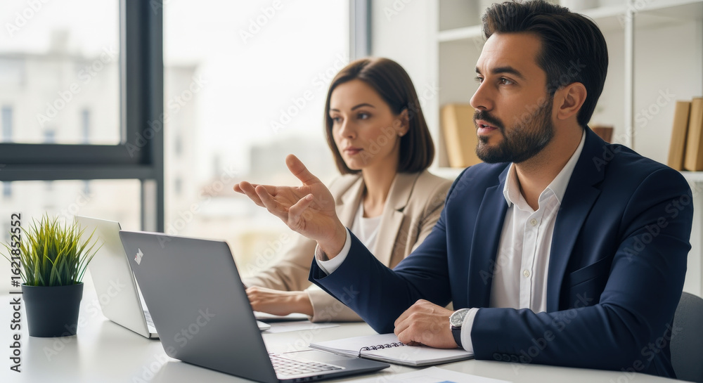 Businessman Explaining with Hand Gesture During Meeting. Businessman Explaining with Hand Gesture During Meeting.