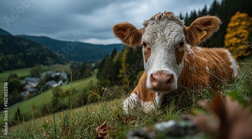 An image of cows resting on pastoral grasslands, suitable for eco-farm promotional posters, rural tourism brochures, and organic food advertisements.
