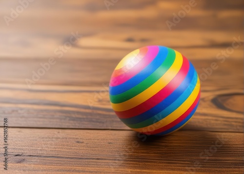 Colorful bouncy stress reliever ball in focus on wooden table