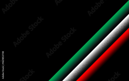 Diagonal Flag-Inspired Lines, Italy Theme. Minimalist background with diagonal lines in the style of the Italian flag (green-white-red) on an elegant black background.