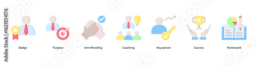 Success Plan web banner icon vector illustration featuring Badge, Purpose, Arm Wrestling, Coaching, Key Person, Success, and Homework.