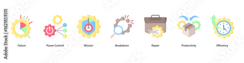 Reliable Output web banner icon vector illustration featuring Failure, Power Control, Mission, Breakdown, Repair, Productivity, and Efficiency.