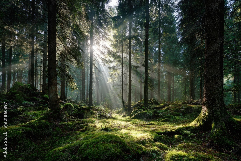 Obraz premium Sunlight streams through a dense, mossy forest