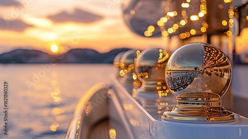Golden orbs reflect sunset on a luxury yacht