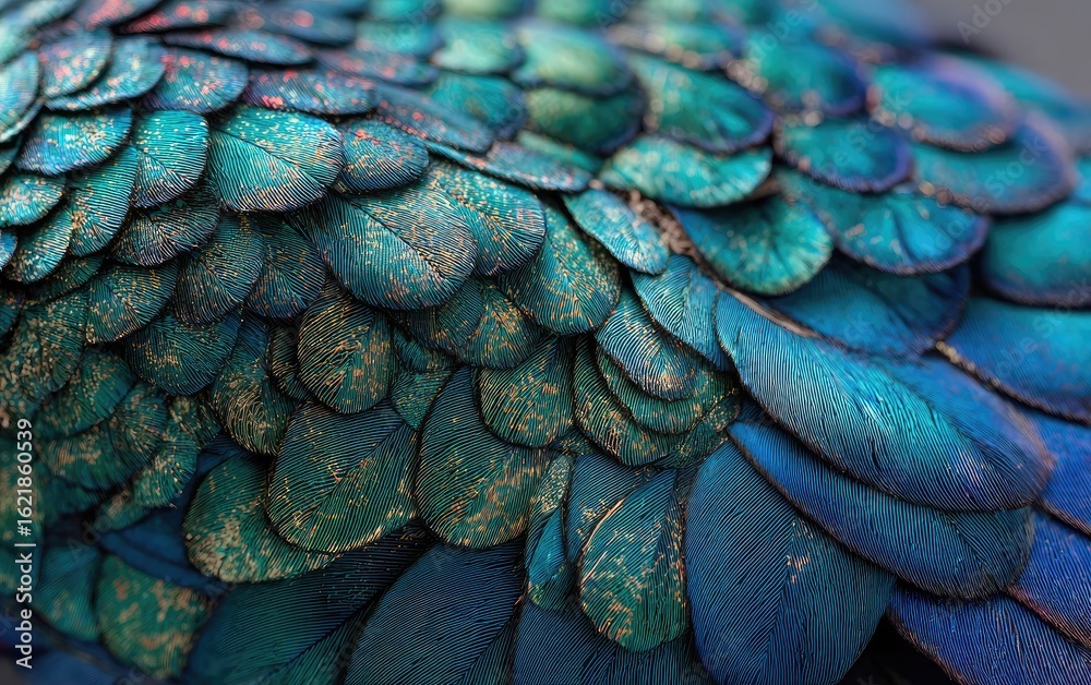 Obraz premium Close-up of textured, overlapping, teal and deep blue feathers