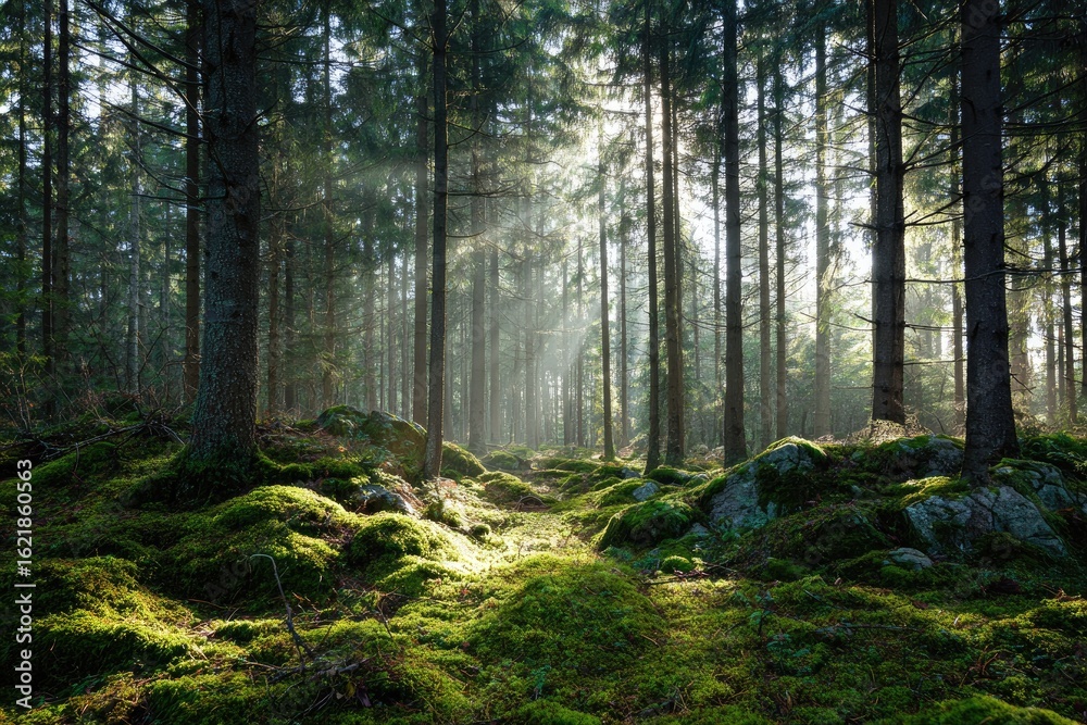 Obraz premium Sunlight filtering through a dense coniferous forest. Moss-covered rocks and forest floor
