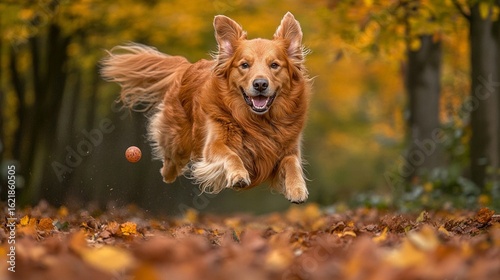Golden Retriever leaping through autumn leaves, a vibrant image of playful energy