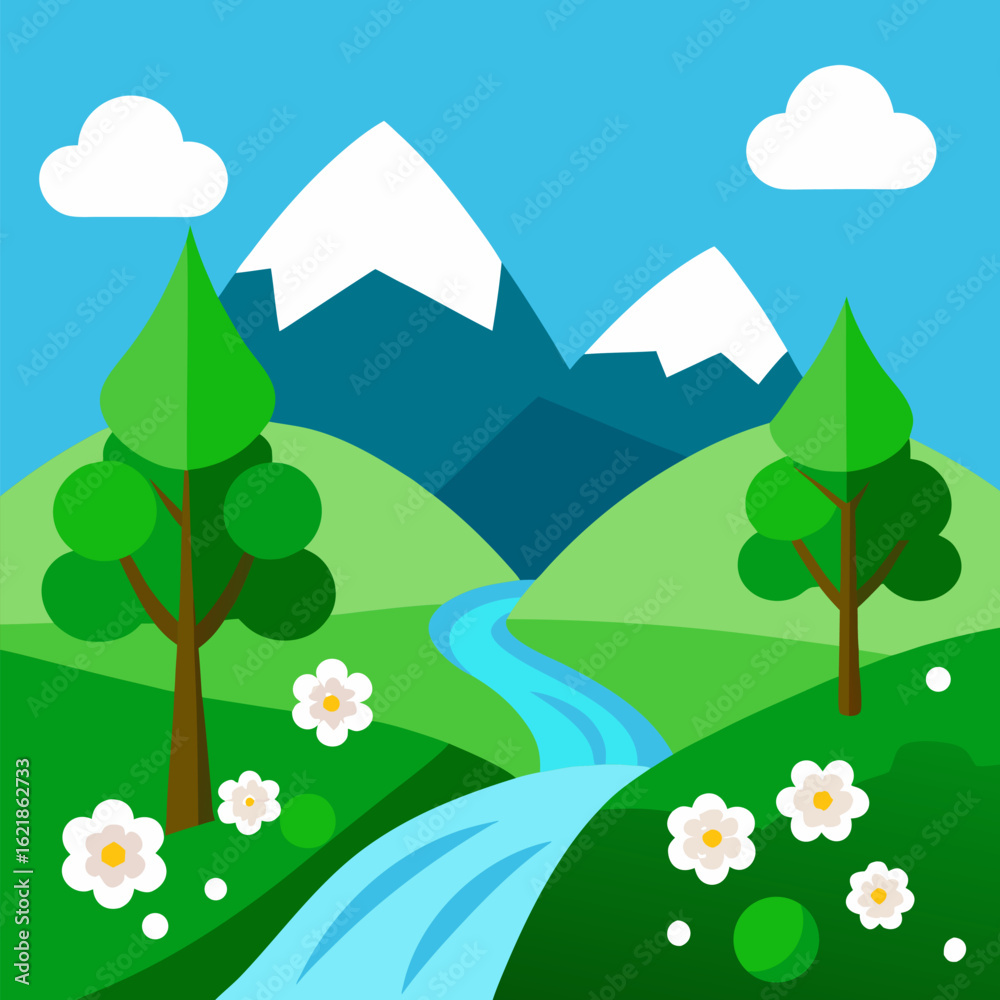 Fototapeta premium Trees, mountains and a river with beautiful flowers vector landscape background.