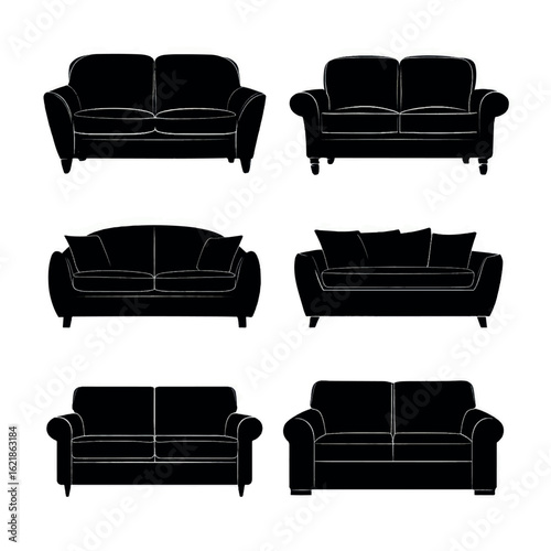 vector illustration of couch silhouette set, Black & White silhouette set