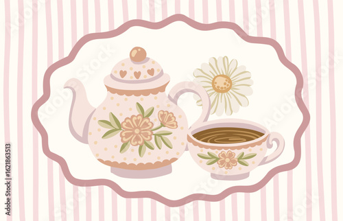 Kitchen vintage striped background with teapot and chamomile tea in rectangle wavy frame. Cute hand drawn doodle style in pink and beige. Great for postage stamp and invitations or menu poster design.